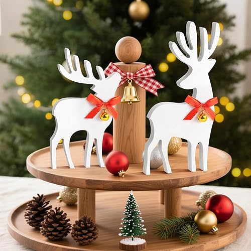 Miniatura 2 de Decoración navideña de reno de madera – 2 piezas de decoración navideña de ciervo de madera con lazos y campanas, decoraciones navideñas de granja