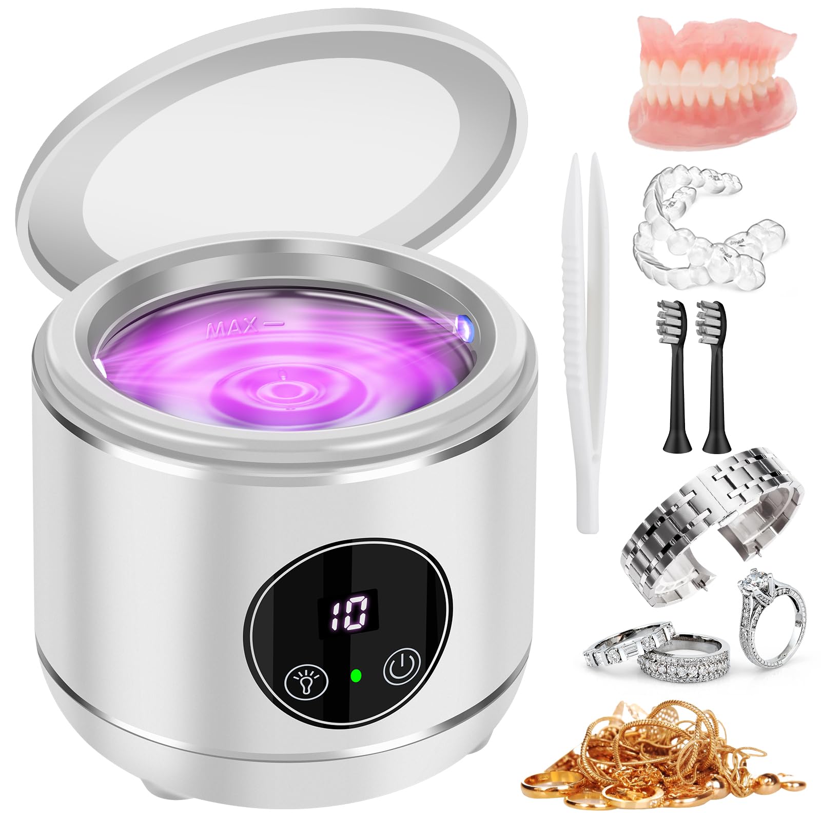 Limpiador ultrasónico U-V para prótesis, EnGiTores máquina de limpieza ultrasónica para dentaduras postizas, protectores bucales alineadores cabezales de cepillo dientes dispositivo limpieza (white)