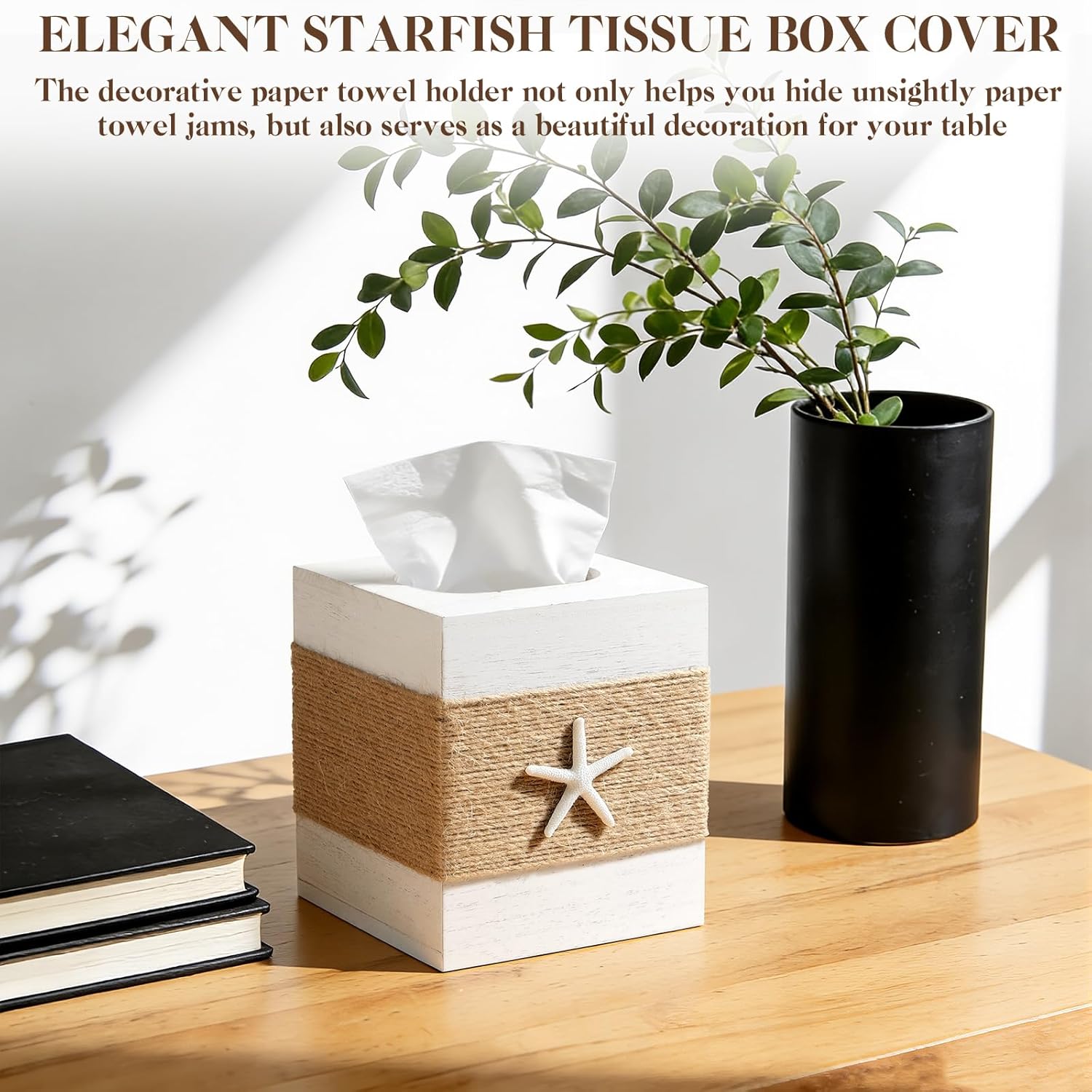 2 Pack Beach Rustic White Wood Square Tissue Box Cover with Slide-Out Bottom Panel - Beach Bathroom Decor Tissue Box Holder with Starfish for Living Room, Desk, Bedroom, Bathroom