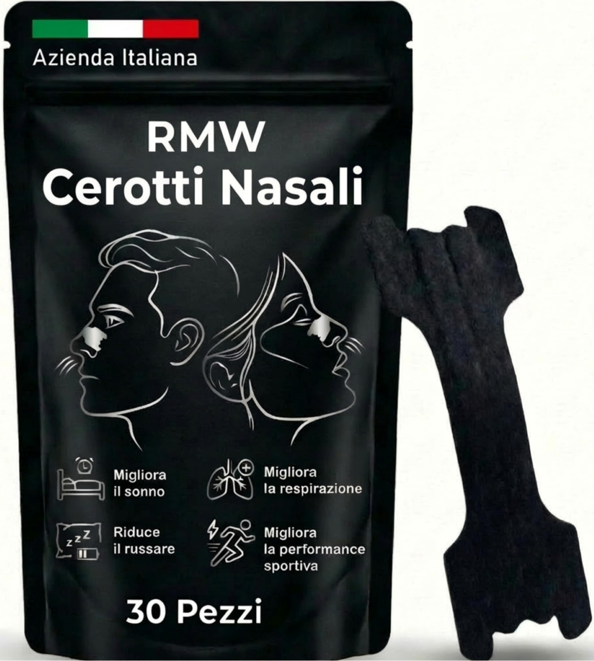 Cerotti Nasali Anti Russamento Uomo e Donna. 30 Cerotti Nasali Antirussamento Qualità Superiore. Cerotti Nasali Sport Respira Bene, Dimensioni Universali. Tenuta extra,Marca Italiana.(Nero)