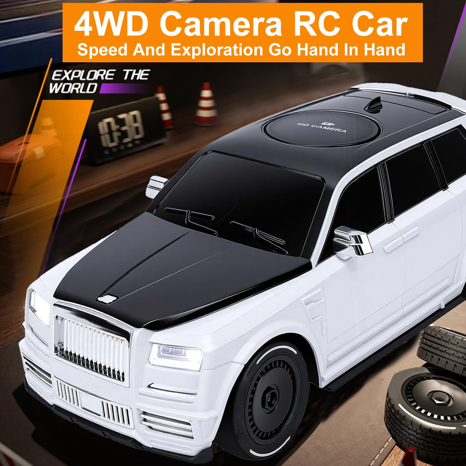 Goolsky 1/18 RC Drift Car avec caméra HD 720p, voiture télécommandée 2,4 G pour adultes, véhicule de course 4WD haute vitesse avec lumières LED et double pneu (argent)