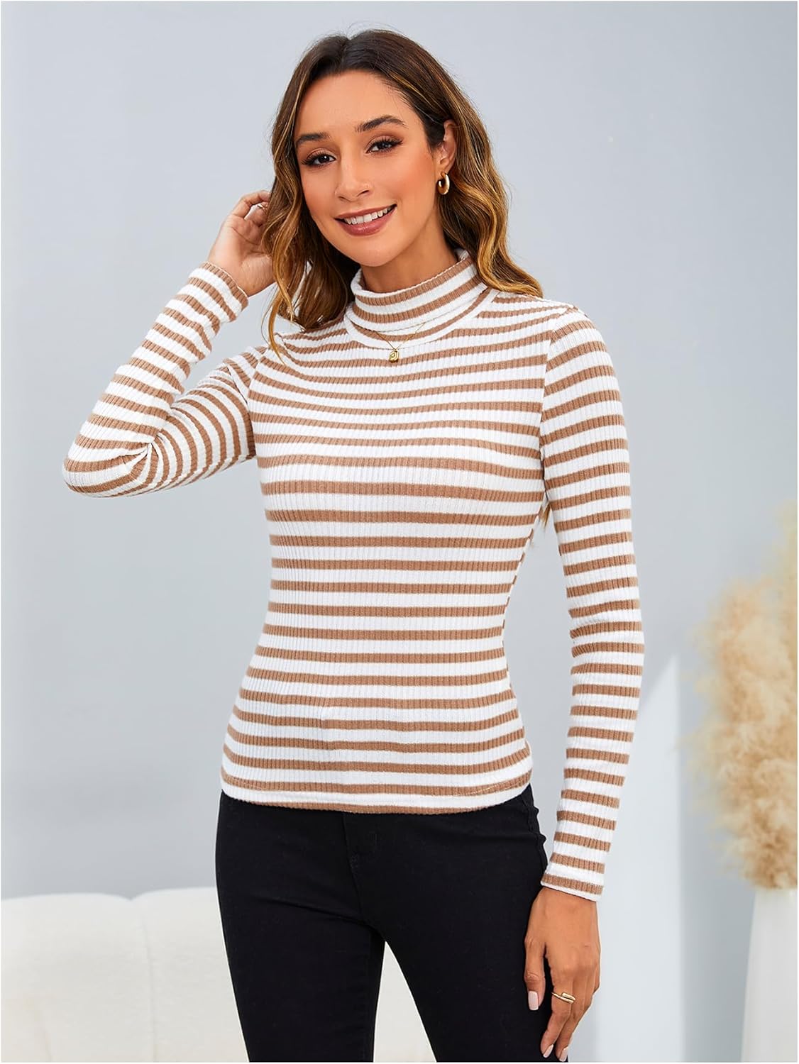 MakeMeChic Women's Turtle Necks Tops Striped Basic Long Sleeve Top Tee Shirt - Image 4