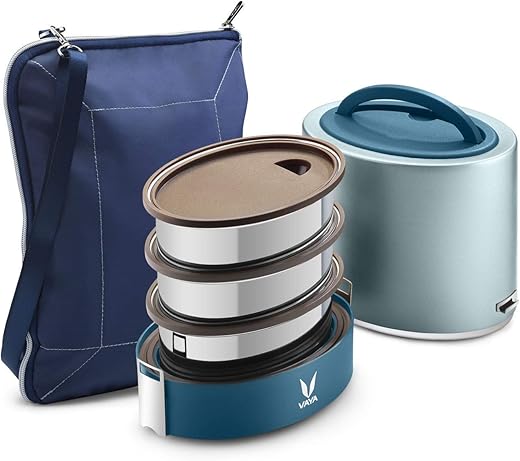 VAYA TYFFYN Lunch Box for Office for Men, with Polished Stainless Steel Containers with 3 Compartments, 1000ml Vacuum Insu