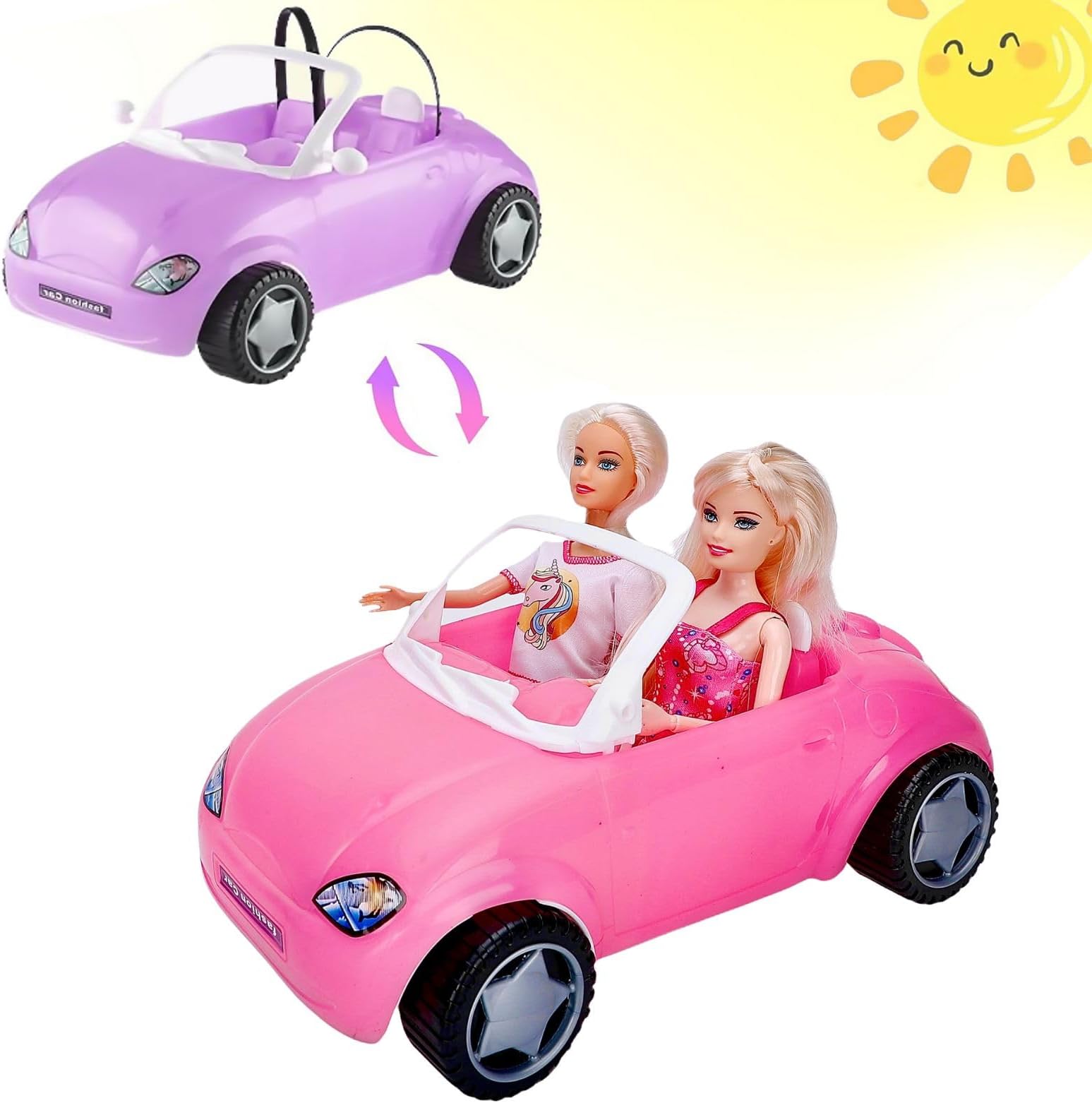 Yellow River Convertible Car for Dolls, Sunlight Changes Color Convertible Doll Vehicle with Working Seat Belts Pink Color Changing Purple Kids Toy Cars Ideal Gift for Girls Boys Children