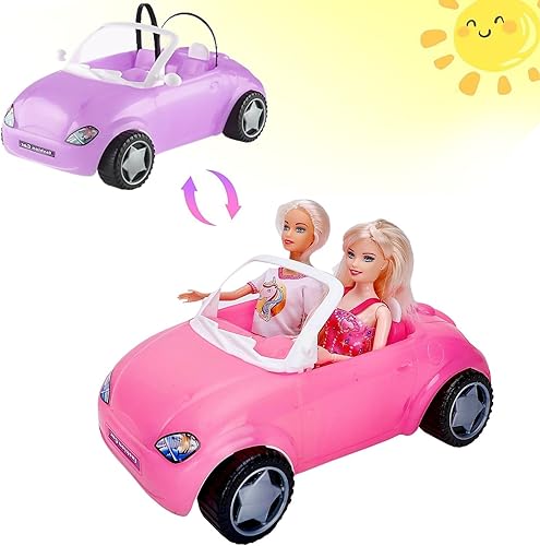 Coche convertible para muñecas, luz del sol cambia de color, vehículo convertible de muñeca con 2 cinturones de seguridad de trabajo, color rosa que