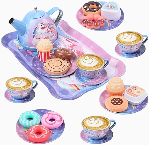 Miniatura 4 de Juego de 27 piezas de fiesta de té para niños para niñas pequeñas juego de té de lata estuche de transporte y comida dulces juego de té de princesa