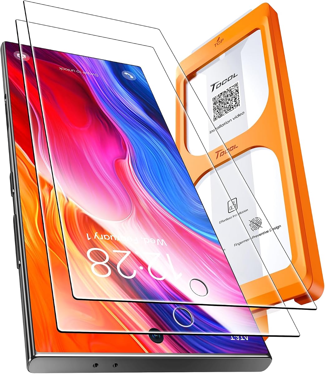 TOCOL for Samsung Galaxy S24 Ultra Screen Protector, Clear | Easy Installation Bubble-Free, 9H+ Tempered Glass, 8FT Military Grade Shatterproof, Anti-Scratch, Case Friendly HD 2 Pack