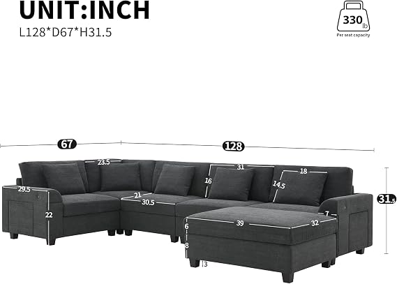 128 U Shaped Sectional Sofa,6 Seat Modular Sectional Sofa Chenille Couch | Hidden Armrest Storage and Cup Holders,USB Charging Ports,Wide Seat Sofa for Living Room,Apartment Cup Holders