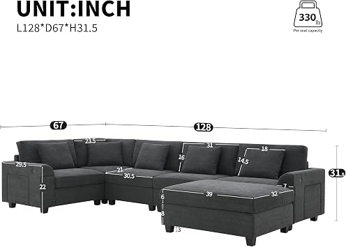 128 U Shaped Sectional Sofa,6 Seat Modular Sectional Sofa Chenille Couch | Hidden Armrest Storage and Cup Holders,USB Charging Ports,Wide Seat Sofa for Living Room,Apartment Cup Holders