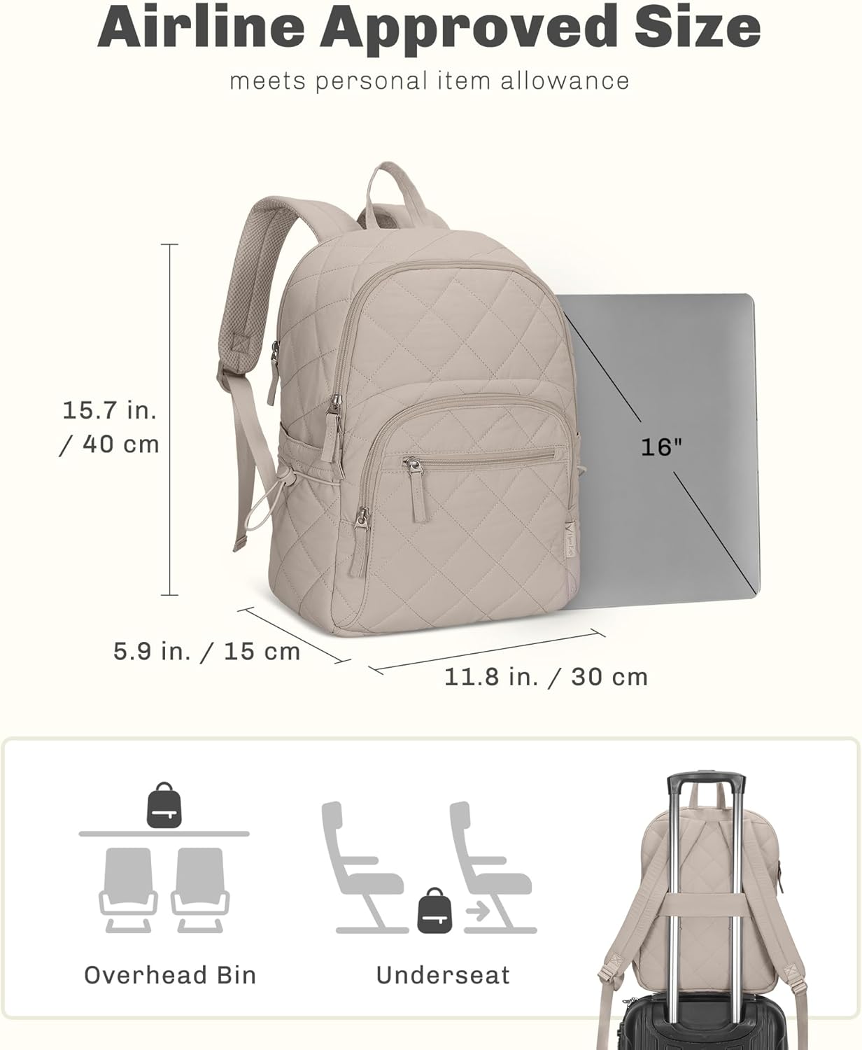 Hynes Eagle Travel Laptop Backpack Quilted College Backpack for Women Puffer Casual Daypack Personal Item Bag for 16 Inch Light Camel