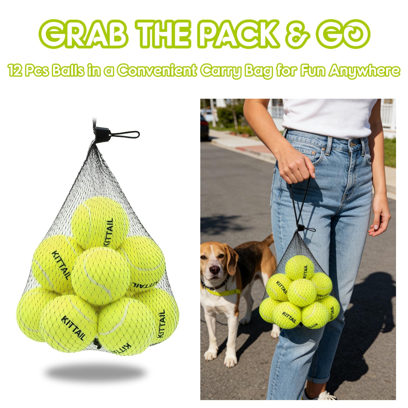 12 pelotas de tenis para perros – Juguetes interactivos de 6,6 cm – Seguros, duraderas para perros pequeños, medianos y grandes, entrenamientos, con 1 bolsa de transporte reutilizable