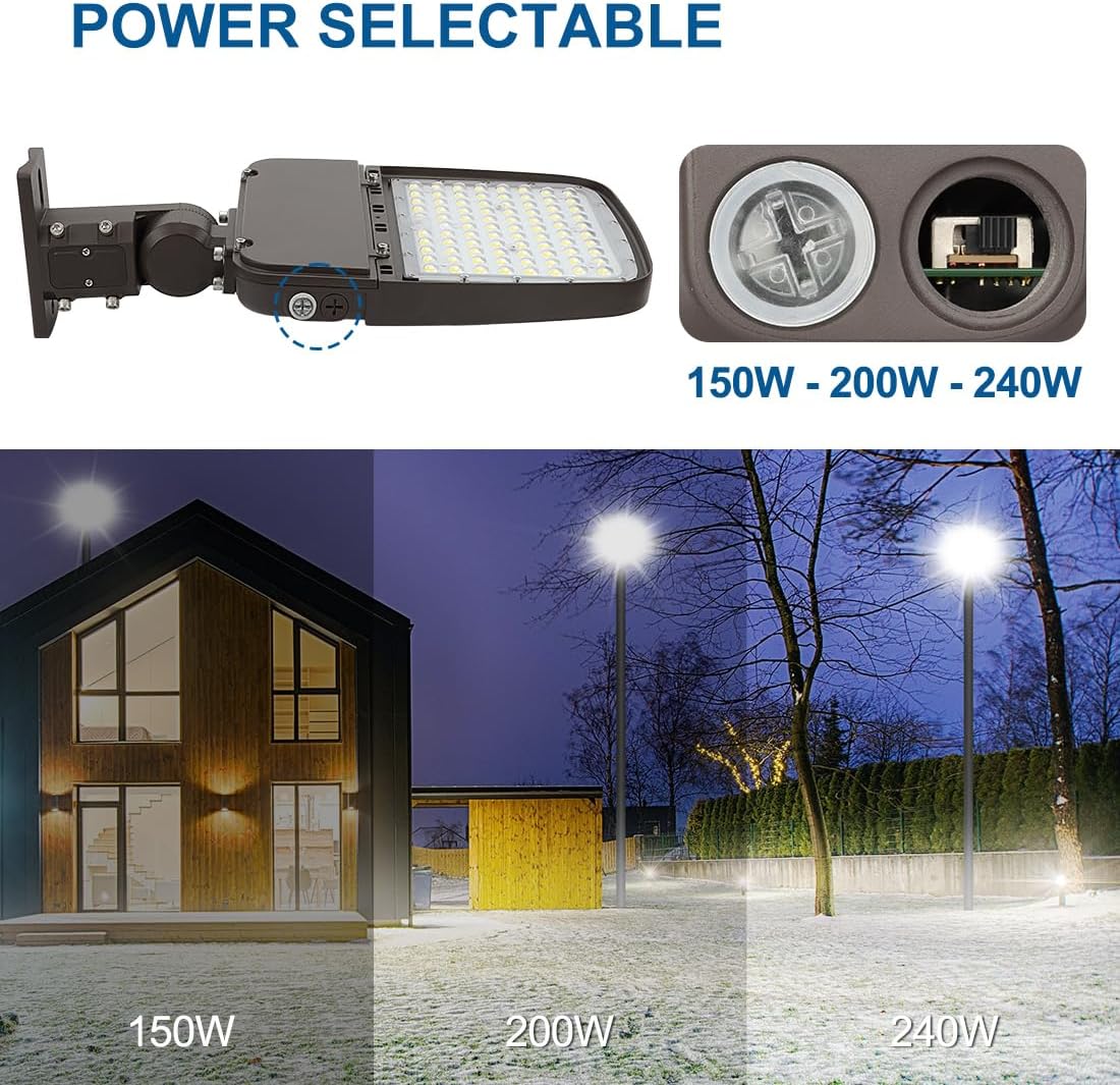 DAKASON LED Parking Lot Light illustrating the power selectable feature with 150W, 200W, and 240W options.