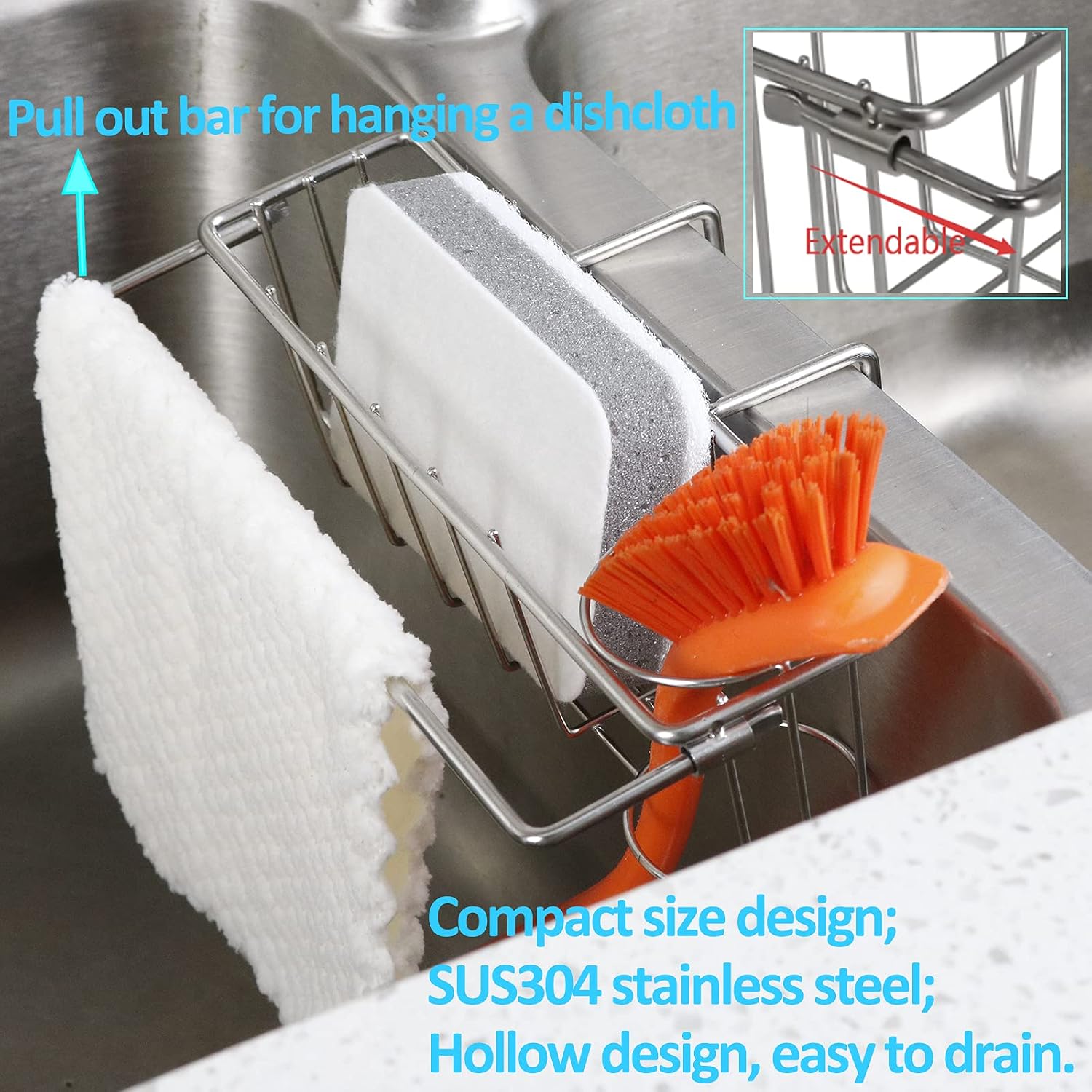 Sponge Holder for Double Sink, 3-in-1 No Falling Sink Caddy Hold Sponge, Dish Brush, Towel for Kitchen: No Drilling, SUS304 Stainless Steel