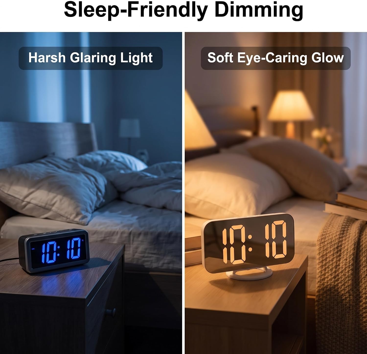 Mirror Display Alarm Clock with Dual USB Ports, White LED Desk Clock with Auto Dimming 3-Level Brightness and Snooze, 3 Ways to Place Wall Flat Upright for Bedroom Bathroom Makeup