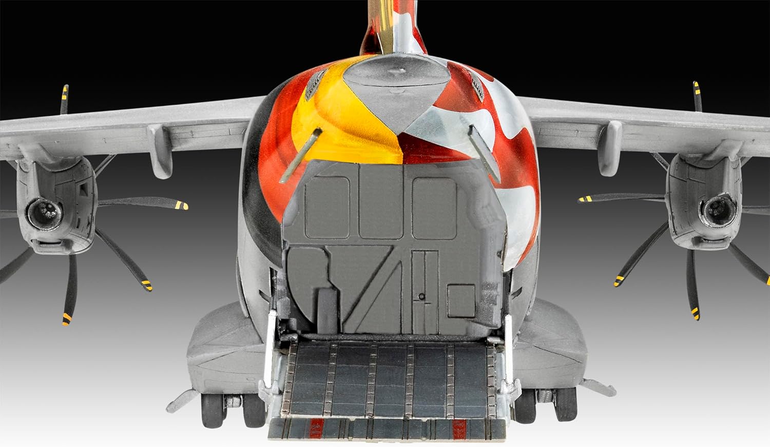 Bak view of the Airbus A400M model with open cargo bay and ramp