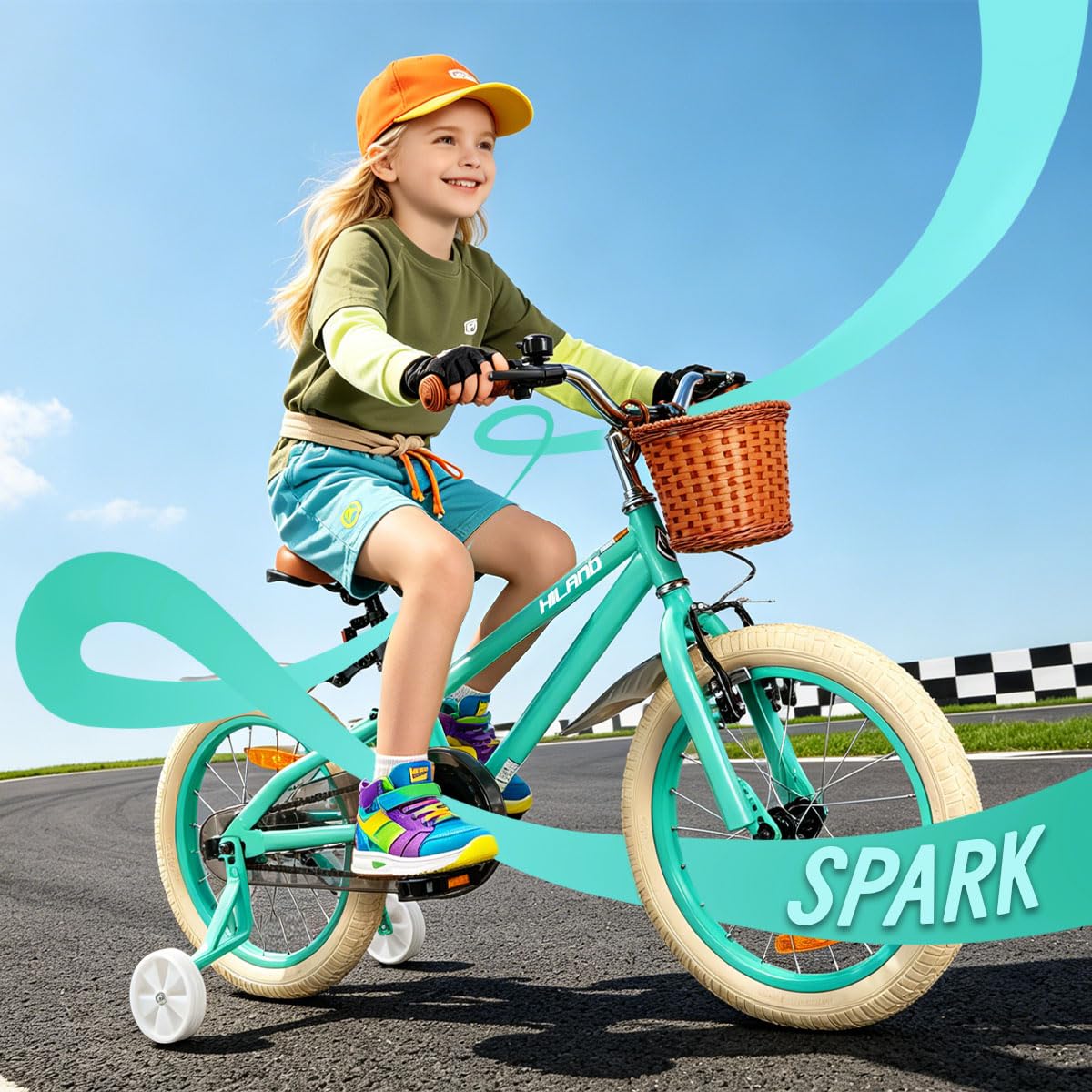 HILAND 14/16/18 Zoll Kinderfahrrad für Mädchen mit abnehmbaren Stützrädern, Handbremse und Rücktrittbremse, mit Korb, Mintgrün/Rosa