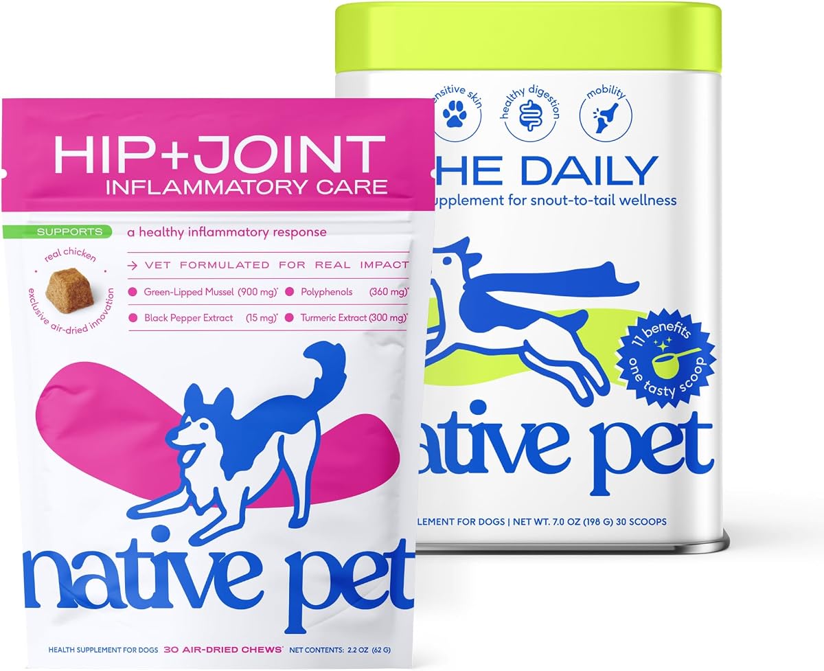 Paquete de salud y movilidad de mascotas nativas: masticables de alivio para perros (30 masticables secados al aire) y multivitaminas diarias para perros (30 cucharadas) - antiinflamatorio para articulaciones fuertes y multivitamínico 11 en 1 para cachorros