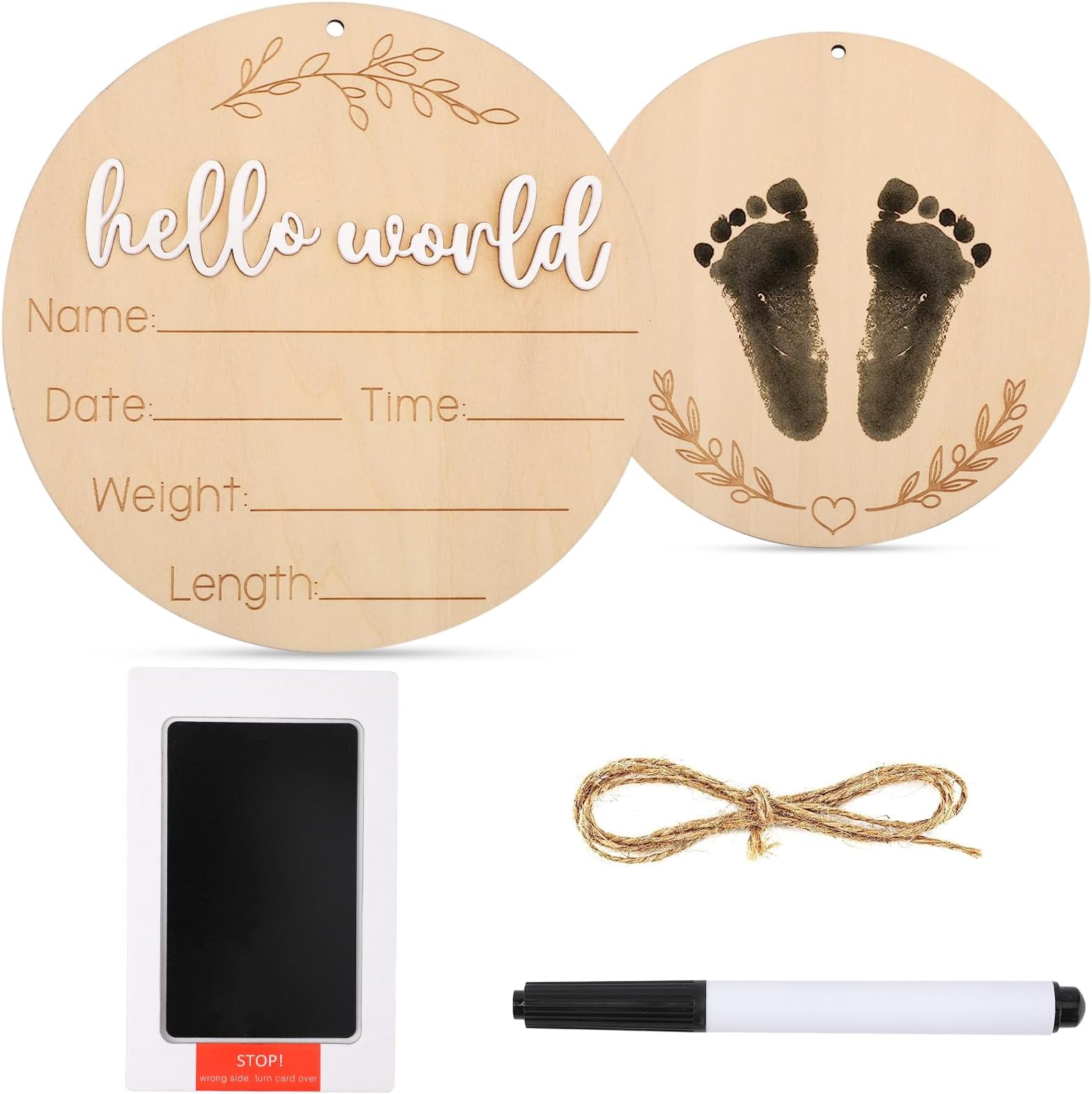 Wooden Baby Announcement Sign, 5.9 inch Hello World Newborn Sign with Ink Pad & Marker, Newborn Sign Board Newborn Announcement Sign for Hospital Nursery Photo Prop