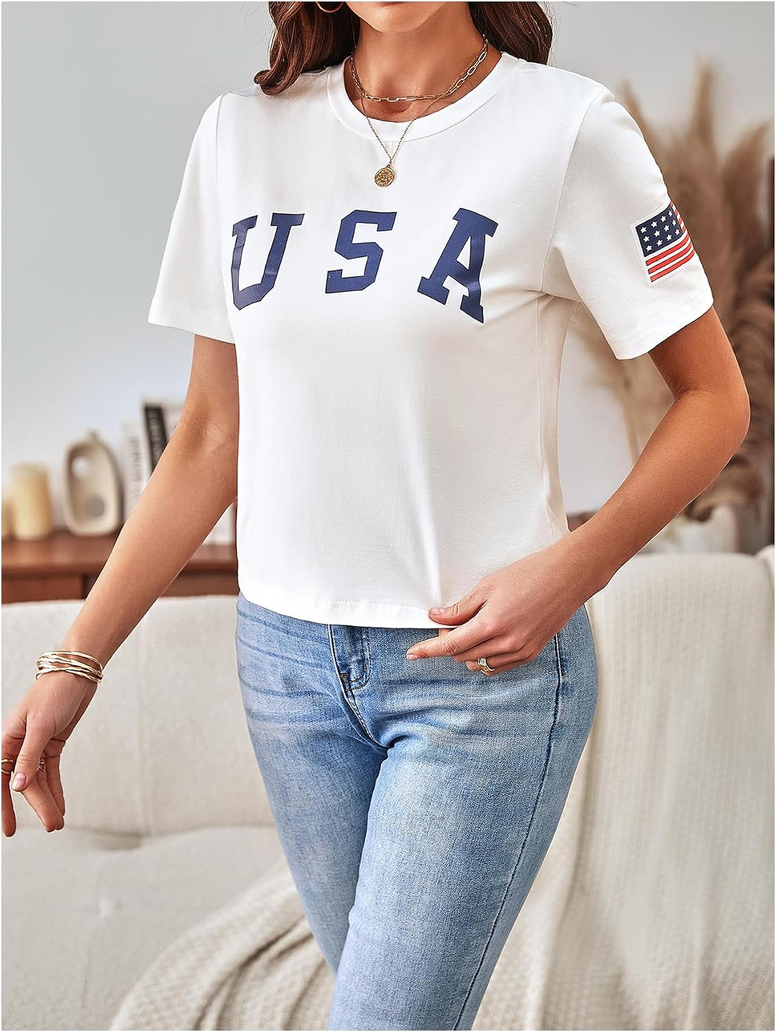 SweatyRocks Women's Graphic T Shirts Letter Print Flag Short Sleeve Casual Crop Tops