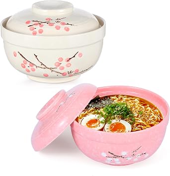 2 Pack Ceramic Ramen Noodle Bowl, 27 OZ Big Ramen Bowl with Lid, Japanese Hand-Painted Ceramic Tableware, Durable Floral Soup Bowl for Noodles, Porridge, Rice, Dishwasher SafePink, Beige