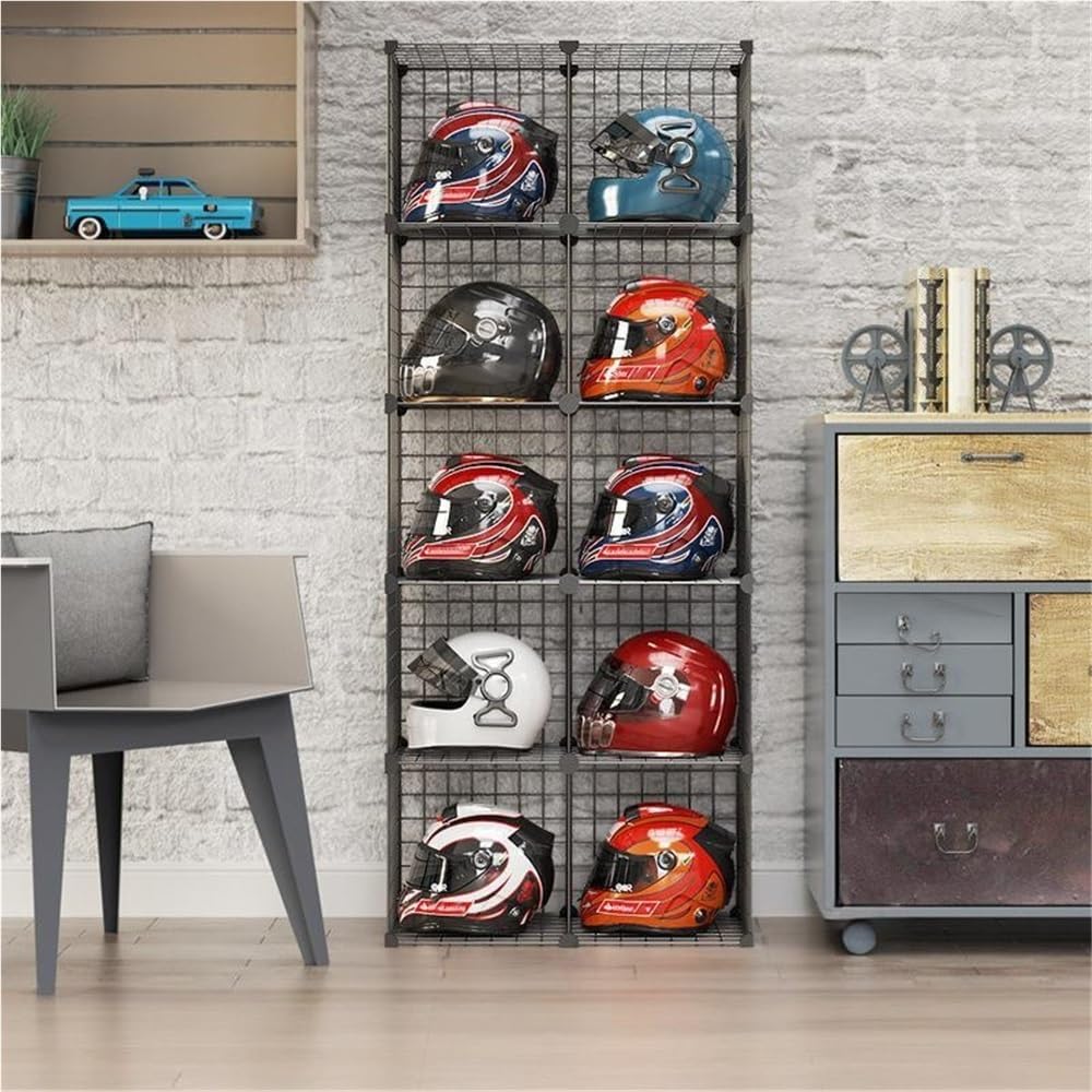 Motorcycle Helmet Rack, Stackable Modular Shelves Wire, Floor-Standing Cube Closet Organizers, Wire Cube Shelving Display, Storage Shelf(Large)