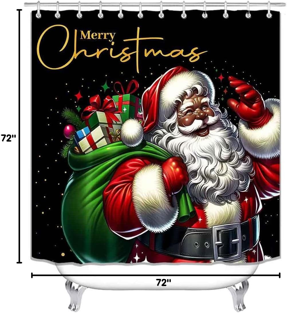 Camille&Andrew 4PCS African American Afro Black Santa Claus Shower Curtain Set, Xmas Gifts Winter Holiday New Year Christmas Bathroom Decor, Waterproof Fabric Black Shower Curtain, Non-Slip Bath Mat