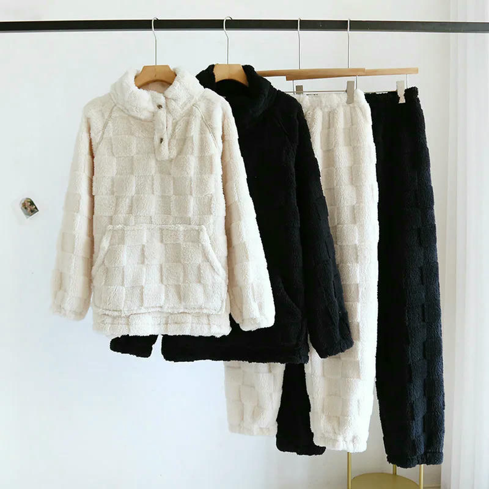 Pigiama Autunno Inverno Abbigliamento da Sonno Femminile Coppia di Pile Pigiami Addensano Pantaloni A Maniche Lunghe Calde Mettono Casa Uomini-Uomo Nero-l