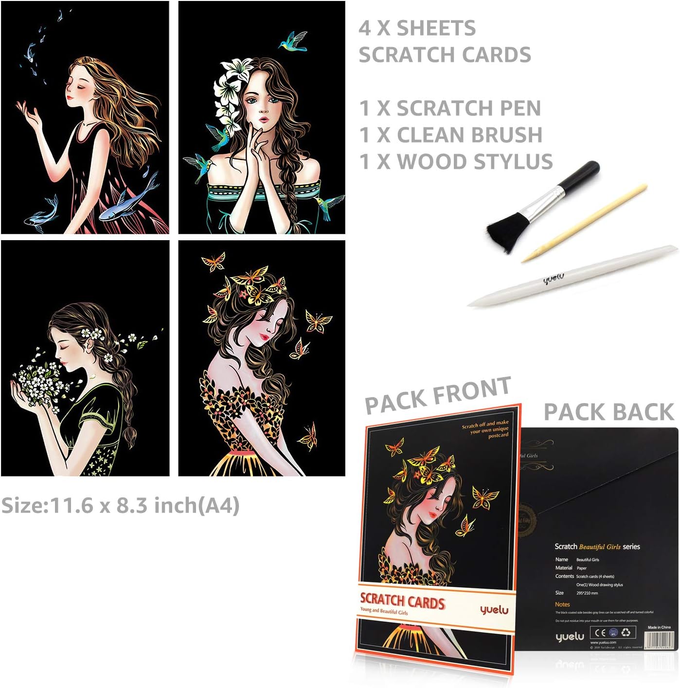 C-pop Scratch Art, Scratch Art Paper DIY Night View Scratchboard for Adult and Kids, with Stylus/Black Brush,8.2''x11.4'' (Girls)