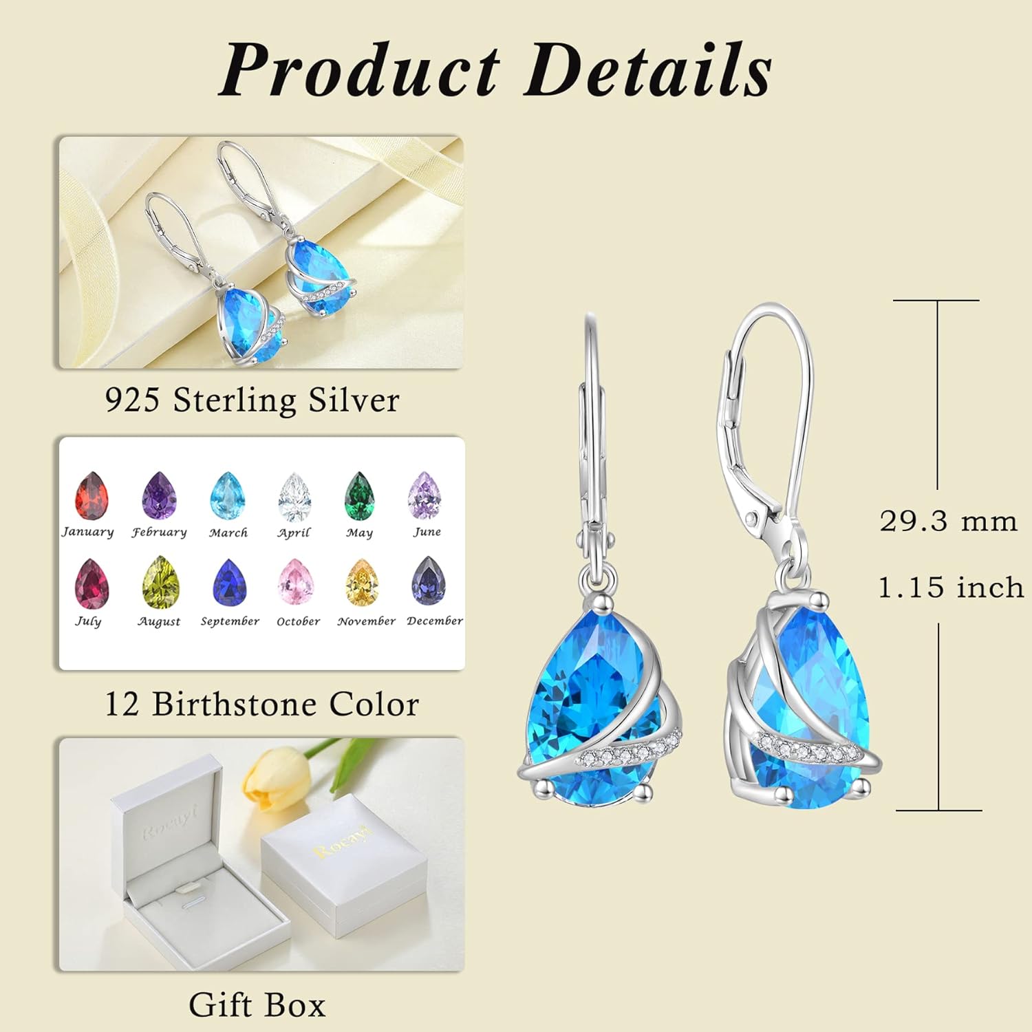 Birthstone Dangle Drop Earrings for Women 925 Sterling Silver Teardrop Leverback Earrings Jewelry Gifts for Wife Mother Her - Image 6