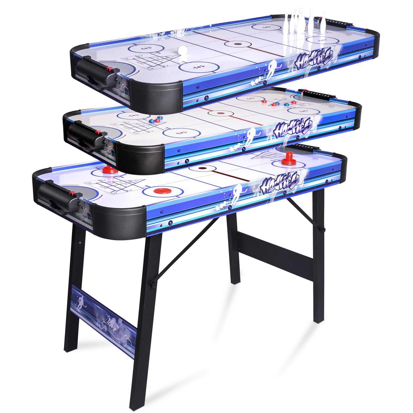 HLC 3 in 1 Multiplay-Tisch, Air Hockey Tisch, Bowling, Shuffleboard, mit Ventilator 12 V, Größe 130 x 61 x 78 cm