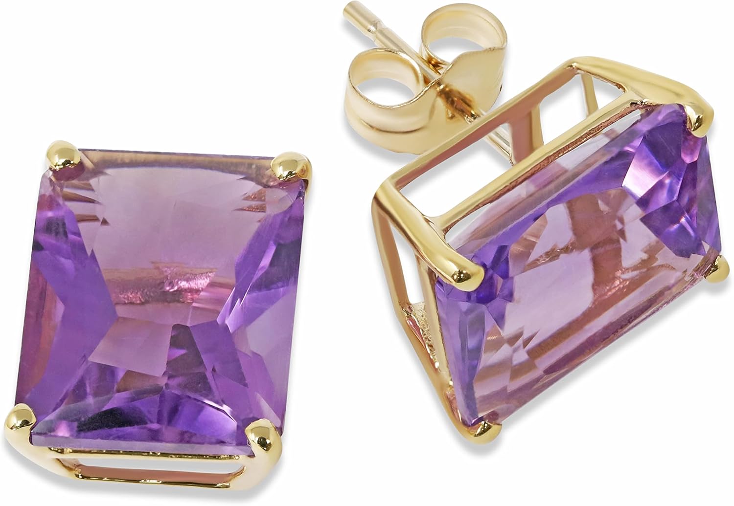 14K Yellow Gold Genuine Amethyst 8-3/4 Ct Emerald Cut Stud Earrings