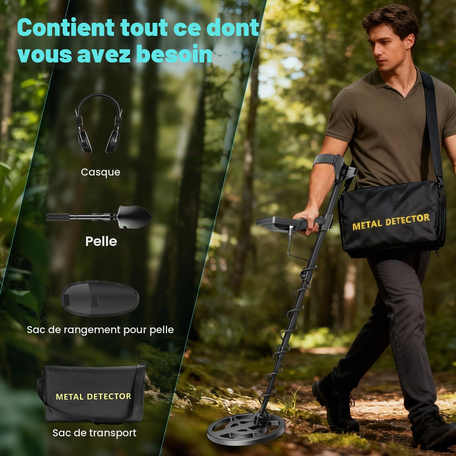 Détecteur de Métaux Professionnel, 5 Modes Léger pour Adultes et Enfants avec Fonction Pinpoint, Mémoire, Bobine Étanche, Haute Précision, Kit Complet avec Pelle