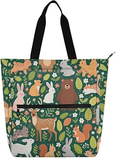 Bolsa de mano para niños, niñas y mujeres, bolsa de mano impermeable con diseño de hojas de animales, color verde, bolsa de comestibles con cremallera para la escuela, el trabajo, viajes