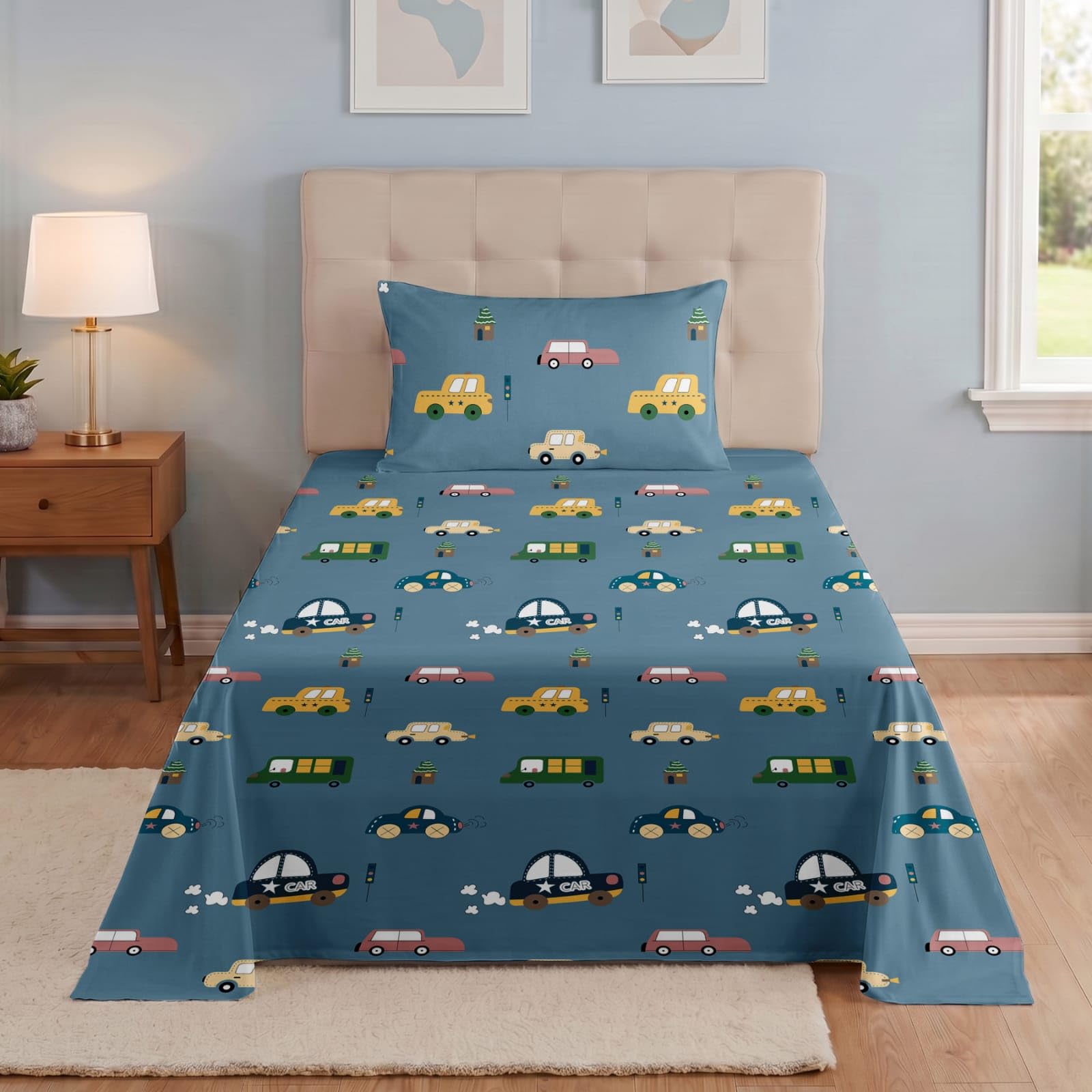 TURIYA 144 TC Set of 1 Pc Cartoon Printed Single Microfiber Bedsheet with 1 Pc Pillow Cover; 60x90 inches; Cars-image-31