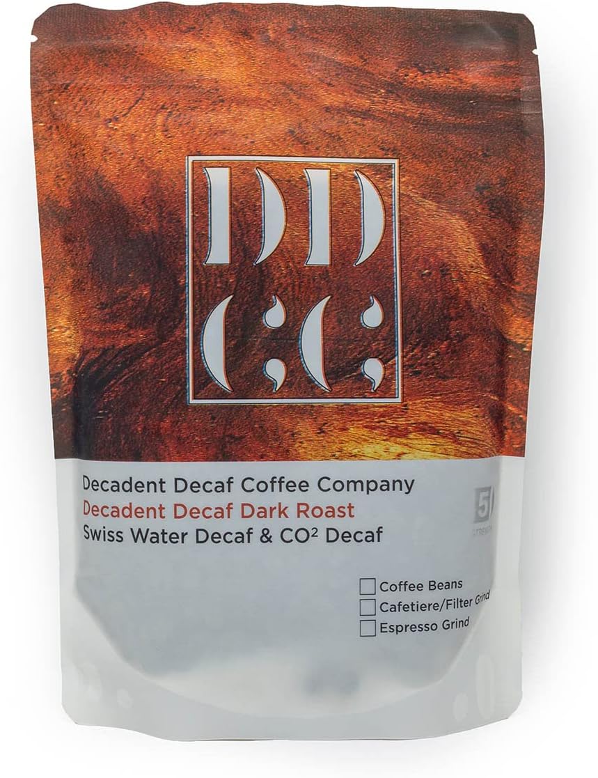 Decaffeinated Strongest Dark Roast Coffee Beans 227g - Decadent Decaf - Swiss Water CO2 Decaf Process - For All Coffee Machines - Strength 5