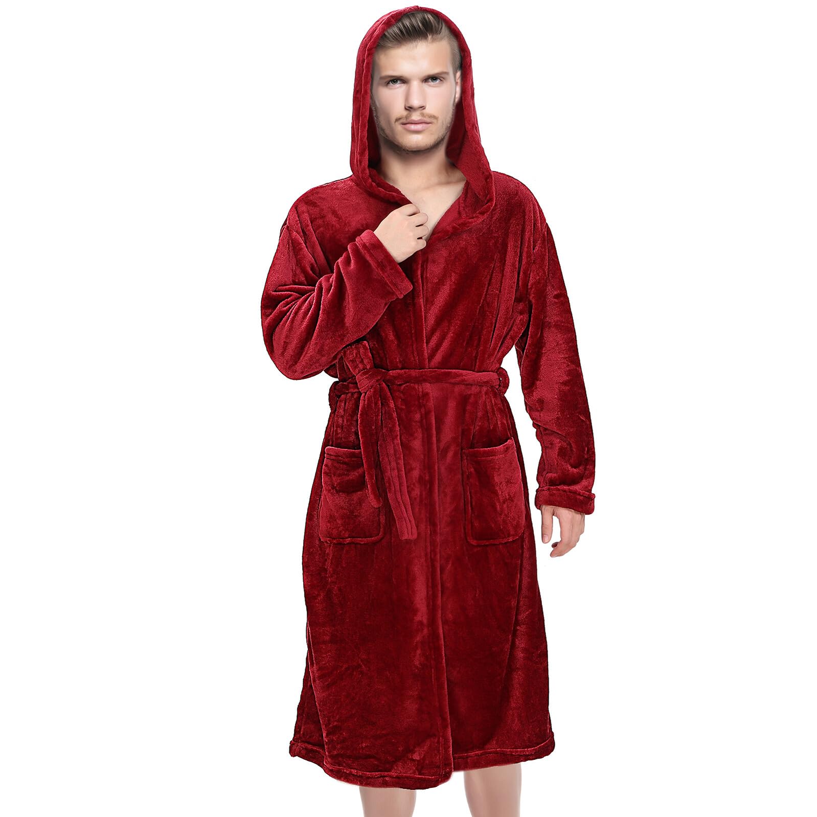 TOYANDONA Albornoz de Baño para Hombre en Color Rojo con Capucha, Tejido de Poliéster Cómodo y Versátil para Ducha y Relajación en Casa