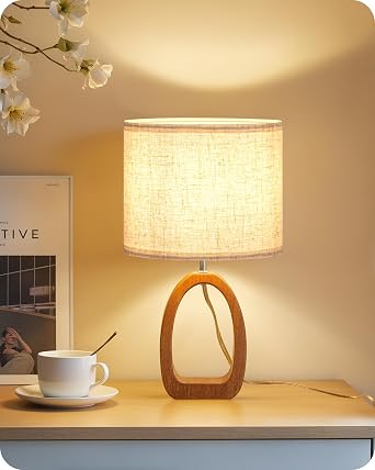 Small Table Lamp, 14.2" Cute Little Desk Lamp, Wood Bedside Lamp with Linen Lampshade, Modern Nightstand Lamp for Bedroom, E26 Base, Bulb Not Included, Beige and Dark Natural LE07TL05