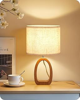 Small Table Lamp, 14.2" Cute Little Desk Lamp, Wood Bedside Lamp with Linen Lampshade, Modern Nightstand Lamp for Bedroom, E26 Base, Bulb Not Included, Beige and Dark Natural LE07TL05