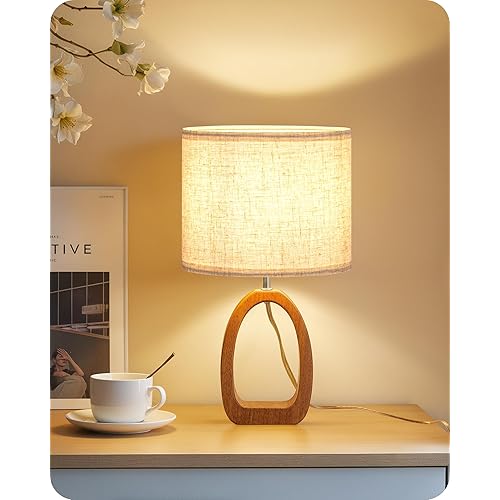 Small Table Lamp, 14.2" Cute Little Desk Lamp, Wood Bedside Lamp with Linen Lampshade, Modern Nightstand Lamp for Bedroom, E26 Base, Bulb Not Included, Beige and Dark Natural LE07TL05