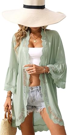 ALIREVERIE Womens Summer Cardigan 3/4 Ruffle Sleeve Kimono Lace Details