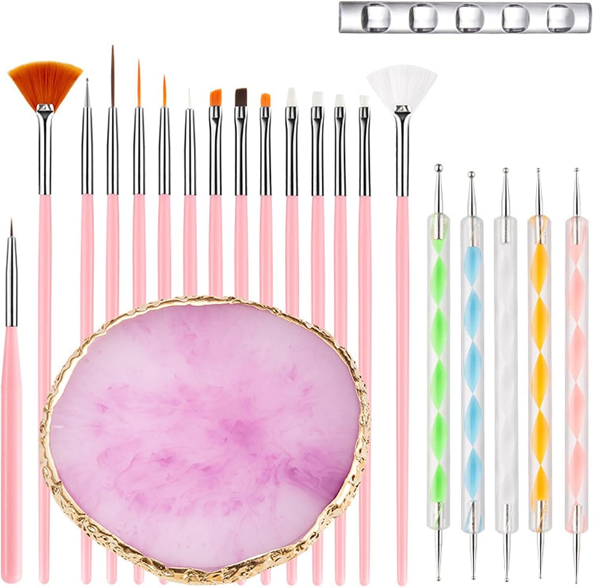 Herramientas para decoración de uñas, juego de 22 piezas, paleta de resina para decoración de uñas, pluma de grabado de silicona acrílica de 2 vías, herramientas de pluma punteadora, kit de decoración de uñas para arte de uñas, bricolaje, salón en casa, tablero de exhibición de maquillaje, rosa