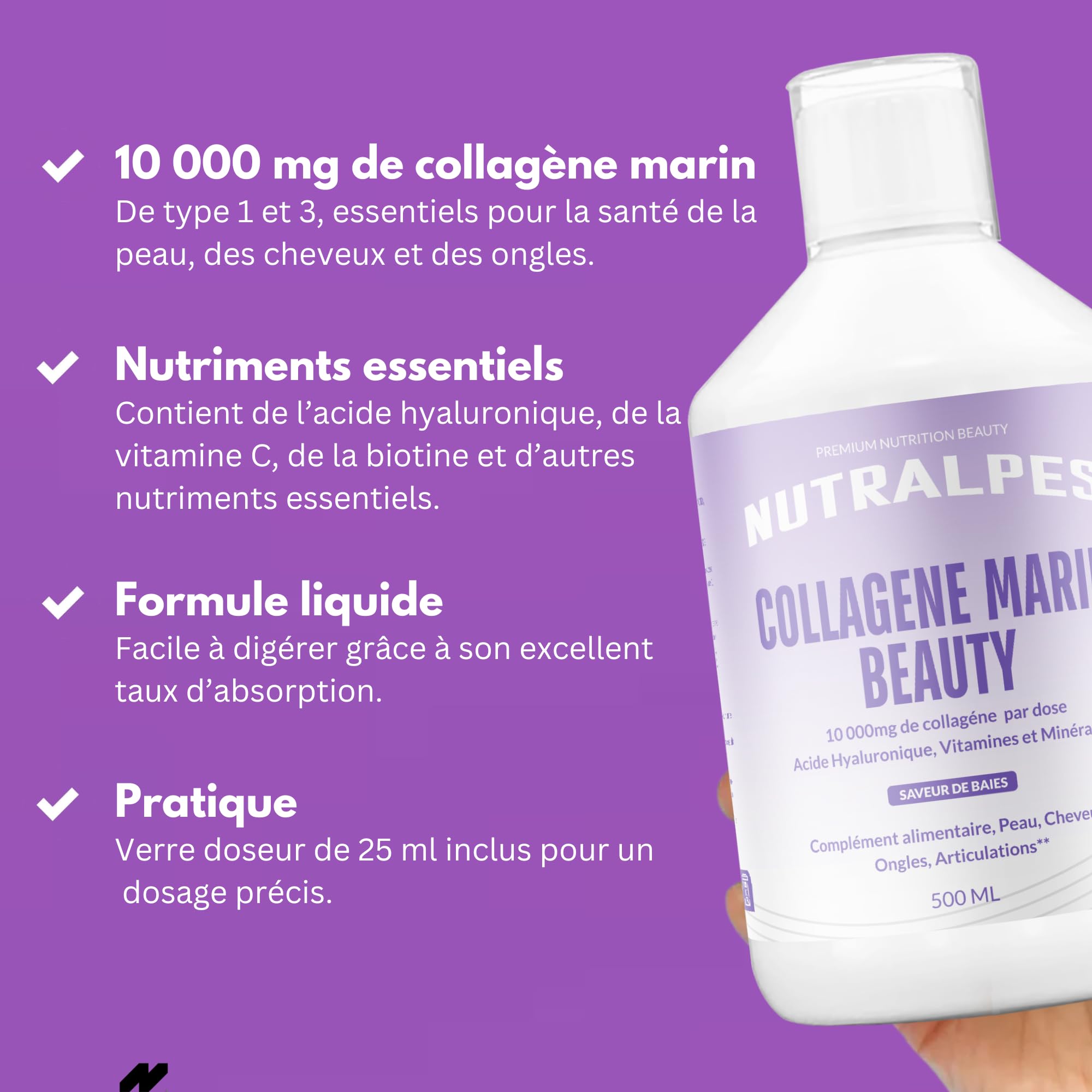 Collagène Marin Liquide Beauty 10 000mg | Peau, Cheveux, Ongles | Vitamine C, Biotine, Acide Hyaluronique | Peptides Type I & III | Haute Absorption | 500ml | Saveur Baies