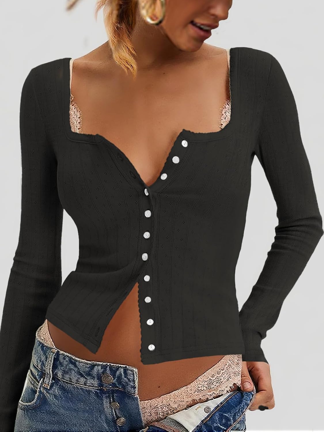 Women Ribbed Knit T-Shirt Tops Long Sleeve Button Down Stretchy Slim Fit Scoop Neck Blouse - Image 2