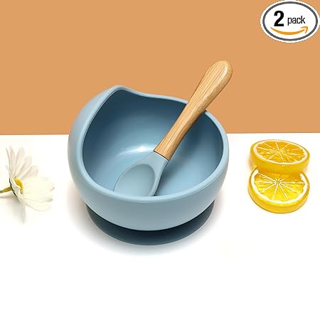 KIDS STATION 2pcs Food Grade Silicone, BPA-Free & Microwave Safe Baby Feeding Essentials Eating Bowl and Spoon, Baby Eating Training Feeding Set (Blue)