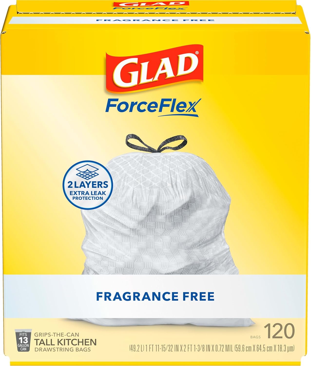 Glad® ForceFlex Tall Kitchen Drawstring Trash Bags, 13 Gallon, Unscented, 120 Count.