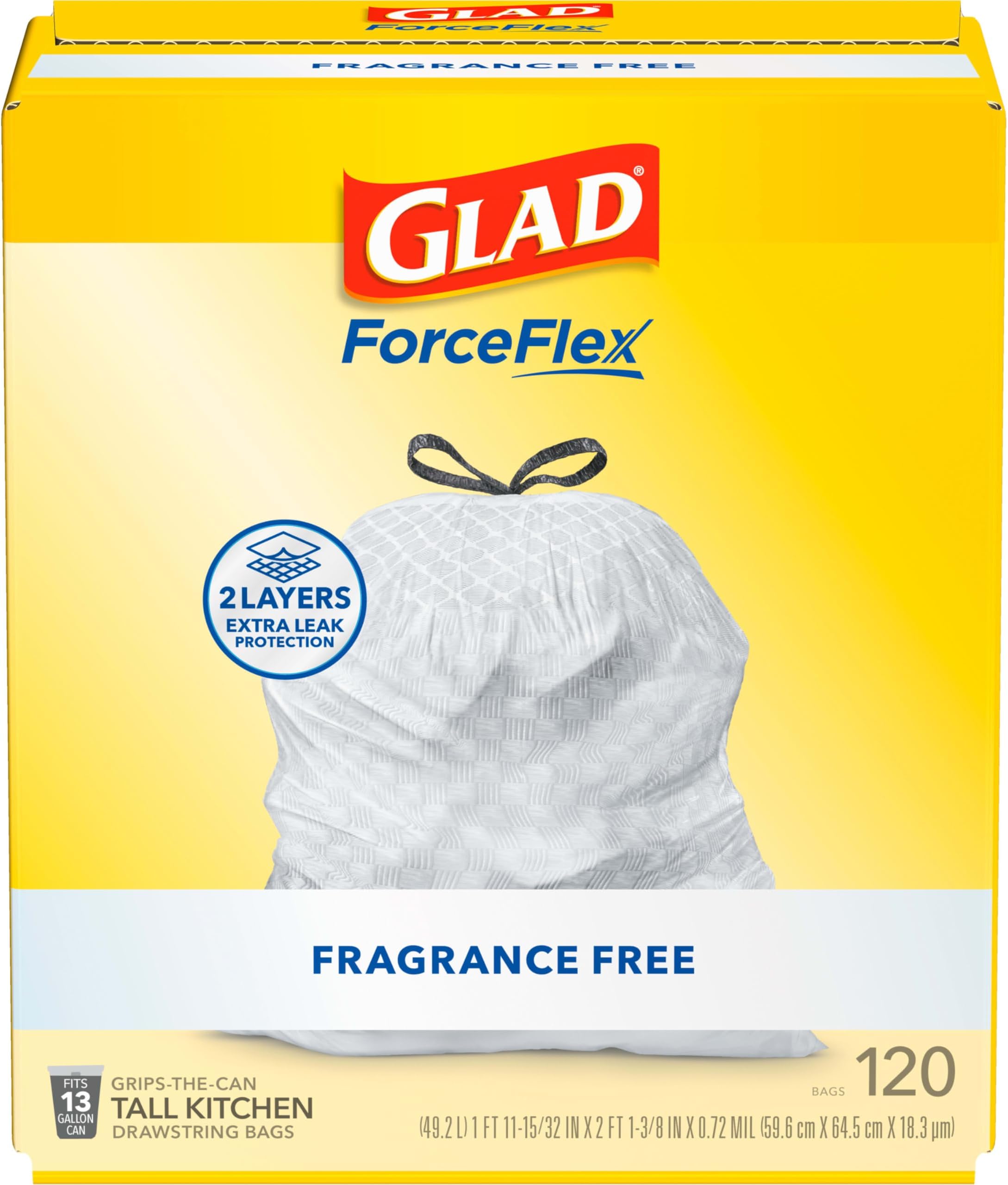 Glad ForceFlex Tall Kitchen Drawstring Trash Bags 13 Gallon White Trash Bag, Unscented 120 Count (Package May Vary)