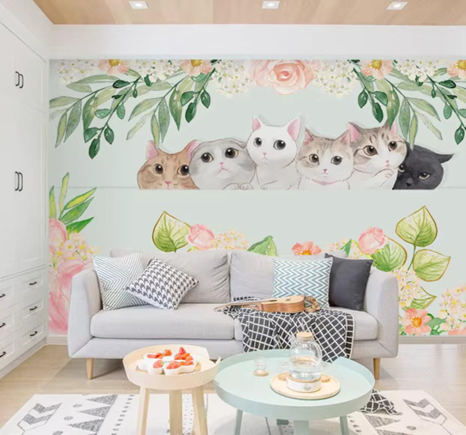 Fresh Green Leaves Flowers Cartoon Kitten 3D Wallpaper Easy Install Feature Office Living Room Sofa Bedroom TV Background Wall Decoration-350cm×256cm