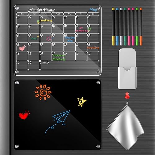 Calendario acrílico magnético para refrigerador, 2 piezas, calendario acrílico para refrigerador, pizarra magnética de borrado en seco, 16 x 12