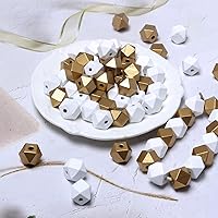 Vista 4 de 100 cuentas geométricas de madera de 0.630 pulgadas, cuentas espaciadoras de madera con forma de polígono dorado y blanco para proyectos