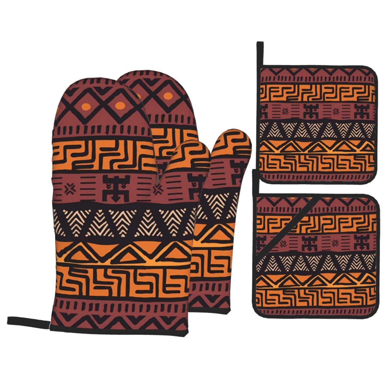 WHJSHOP African Mud Cloth Tribal Prints Kitchen Baking Throw Set with Heat Resistance, Waterproof Oven Mitts & Pot Holders for Cooking, Grilling & Handling Hot Dishes